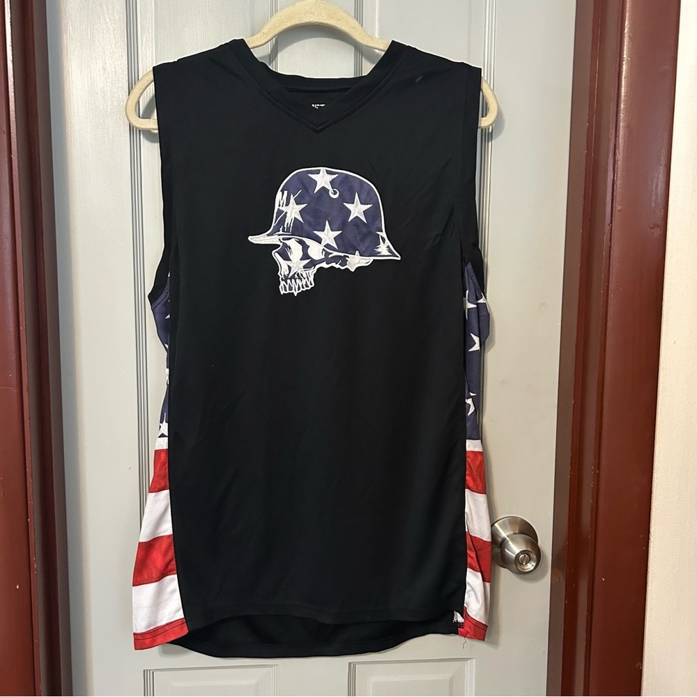 Metal Mulisha Black Tank Jersey Muscle Shirt Embroidered Skull USA Flag Sz M